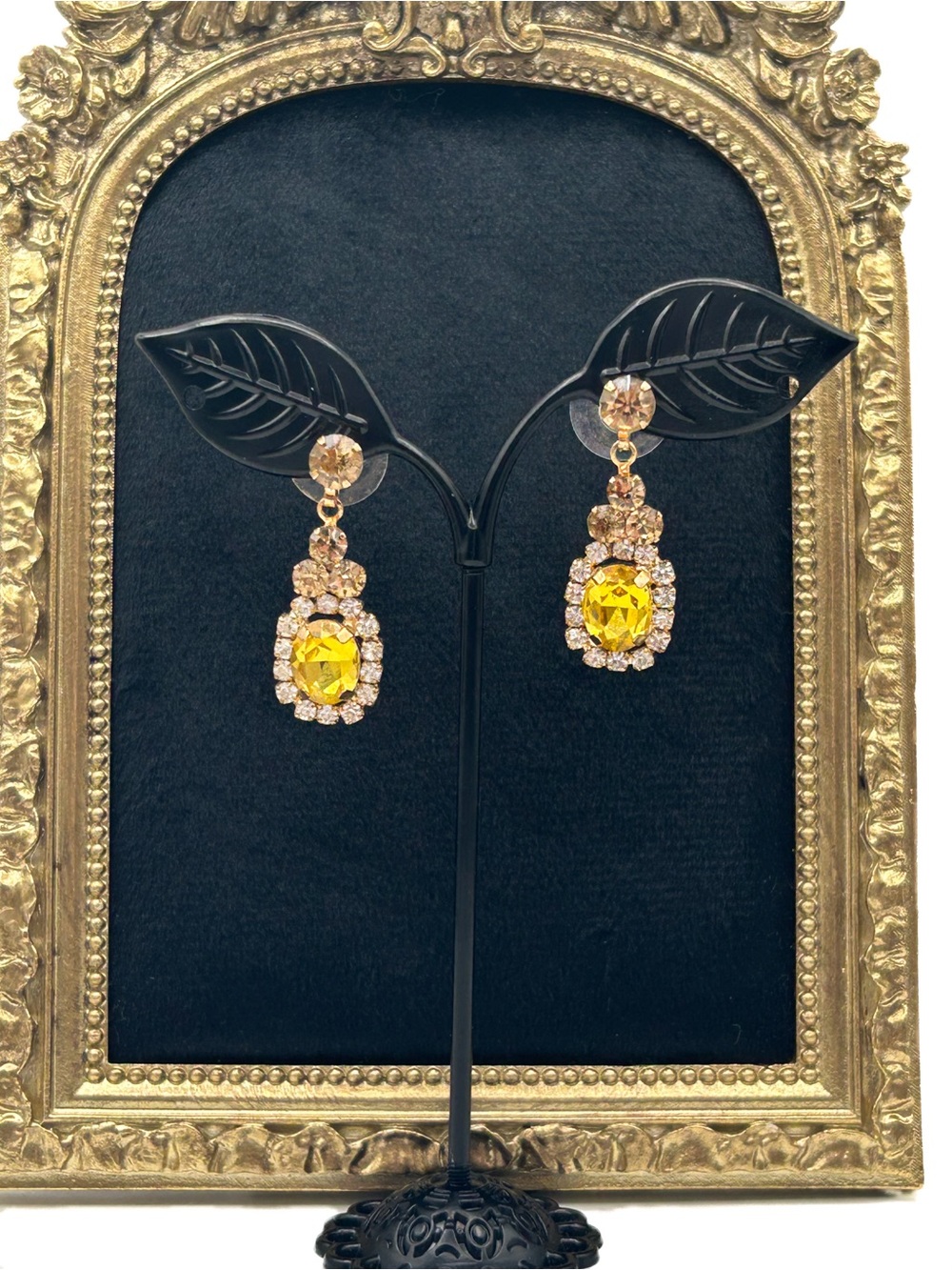 Vintage Style Citrine Yellow Rhinestone Dangle Earrings, Canary Yellow
